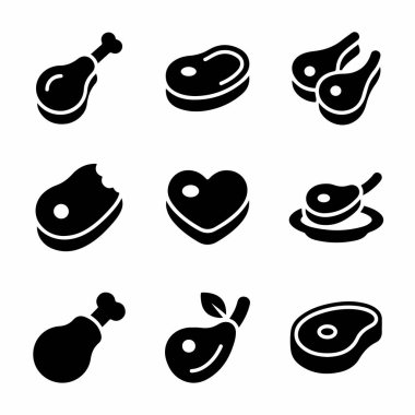 Biftek, tavuk budu ve kuzu pirzolası gibi çeşitli et kesimlerini temsil eden dokuz basit siyah ikondan oluşan bir koleksiyon. Yemek, market veya restoran temaları için mükemmel..