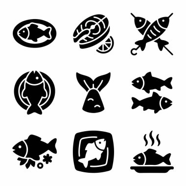 Mutfak tasarımı için tabak, biftek ve kebap üzerinde ızgara, buharda pişmiş, kızartılmış ve kebap da dahil olmak üzere çeşitli balık yemekleri ve hazırlıkları temsil eden siyah beyaz ikonlar koleksiyonu..