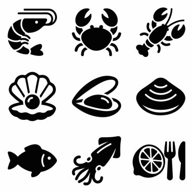 Çeşitli deniz ürünlerini tasvir eden dokuz adet siyah kabartma simgesi. Karides, yengeç, ıstakoz, istiridye, midye, istiridye, balık, mürekkep balığı ve limon, çatal ve bıçaklı bir tabak içerir..