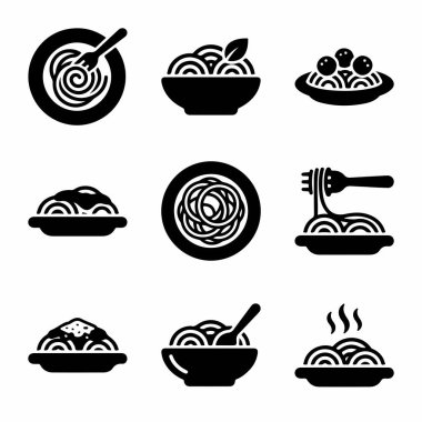 Çeşitli spagetti ve makarna yemeklerini temsil eden dokuz basit siyah kabartma sembolü koleksiyonu. İtalyan mutfağı kavramları için kase, tabak, çatal ve sıcak şehriye içeriyor..