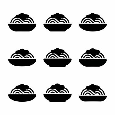 Bir dizi minimalist gıda ikonu. Her bir ikon bir kase spagetti ya da eriştenin saf siyah silueti. Mutfak temaları için temiz vektör grafik tasarım ögesi.