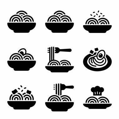 İzole makarna sembolleri seti. Kasedeki spagetti, çataldaki erişte ve ağ ve grafik tasarımı için İtalyan yemek sembolleri..