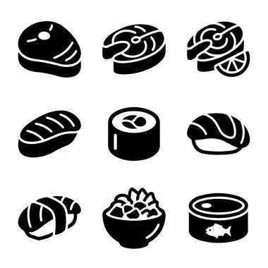 Katı siyah kabartma şeklinde dokuz yemek ikonu koleksiyonu. Sette balık bifteği, suşi, nigiri, maki, dürtme kasesi ve beyaz arka planda izole edilmiş konserve balık gibi çeşitli deniz ürünleri yer alıyor..