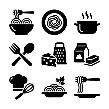 Makarna pişirme sürecini temsil eden basit simgelerden oluşan bir koleksiyon. Makarna, mutfak gereçleri, peynir ve tereyağı gibi malzemeler ve servis elementleri de dahil..
