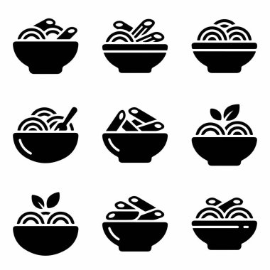 Çeşitli makarna ve erişteleri kaselerde tasvir eden dokuz basit siyah vektör ikonundan oluşan bir koleksiyon. Minimalist kabartma tarzı menüler ve yiyecek markaları için mükemmel..