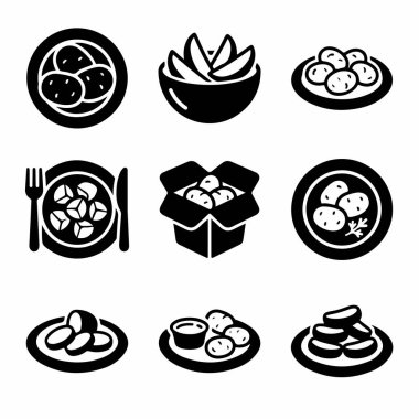 Dokuz siyah ve beyaz ikondan oluşan bir kolleksiyon patates tabakları, dilimlenmiş patatesler, bütün patatesler, tabakta, bir kasede ve bir kutuda.