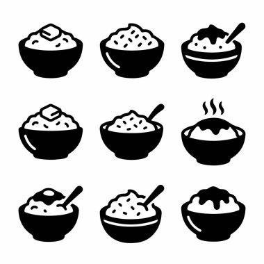 Yiyecek kaselerini tasvir eden dokuz basit simge koleksiyonu. Pirinç, yulaf lapası, tereyağlı patates püresi, et suyu ve buhar gibi çeşitleri içerir. Beyazda izole edilmiş.