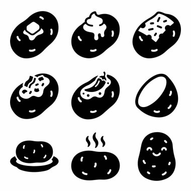 Patatesleri farklı hazırlıklarda tasvir eden dokuz basit siyah beyaz simge koleksiyonu. İçlerinde haşlanmış malzemeler ve tatlı bir gülümseme karakteri de var..