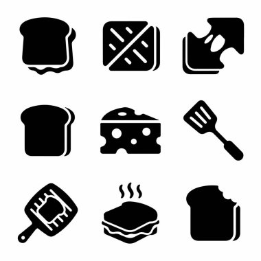Izgara peynirli sandviç yapma sürecini tasvir eden dokuz siyah simge koleksiyonu. Ekmek, peynir, spatula, tava ve bitmiş sandviçi içerir.