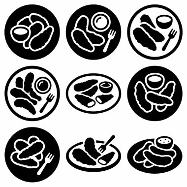 Dokuz tane monokrom vektör ikonu tabaklarda servis edilen soslu kızarmış turşuları gösteriyor. Grafik seti, yiyeceklerle ilgili tasarımlar için mükemmel çeşitli kompozisyonlar ve stiller içerir..