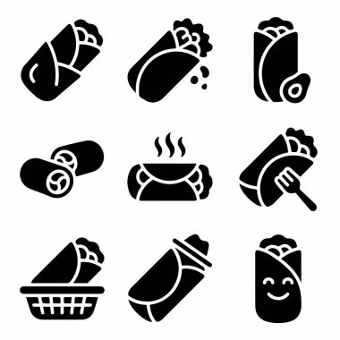Burrito ve ambalajları tasvir eden dokuz katı siyah vektör simgesi. Bu koleksiyonda dumanı tüten sıcak bir burrito, avokadolu bir burrito ve sevimli bir mutlu yüz burrito var..