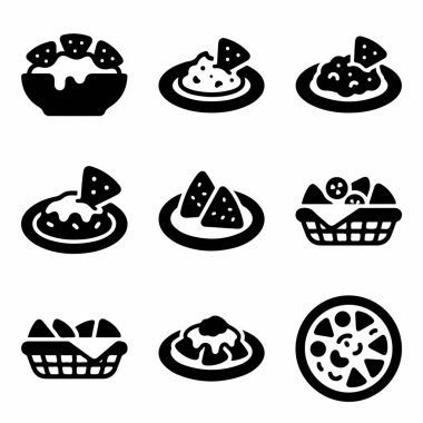 Dokuz basit siyah yiyecek ikonu. İçinde peynirli sos, salsa soslu tortilla cipsi ve koca bir pizza var..