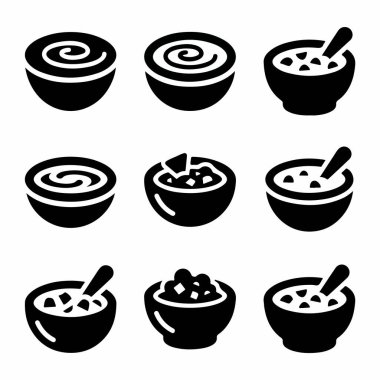 Kaselerdeki farklı yemek türlerini gösteren dokuz basit sembol. Humus gibi pürüzsüz soslar, patates kızartması ve kaşık ile mısır gevreği içerir..