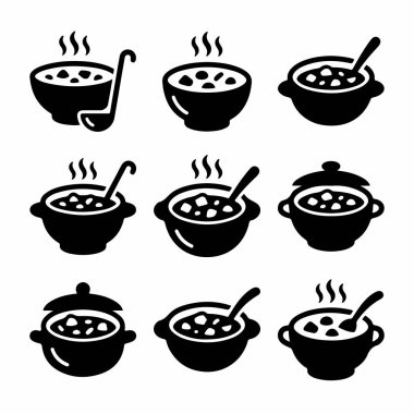 Çorba ya da yahni gibi çeşitli sıcak yiyecek kaplarını gösteren dokuz basit siluet ikonundan oluşan bir koleksiyon. Mutfak ya da menü tasarımı için kase, kap, kaşık ve kepçe içerir.