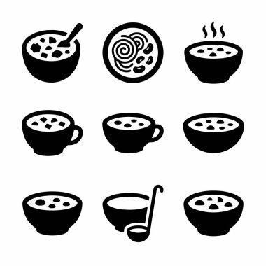 Farklı konteynırlarda çorbayı gösteren tek renkli vektör grafikleri. İçinde dumanı tüten kaseler, bir fincan çorba, erişteli bir kase ve servis kepçesi ikonu var..