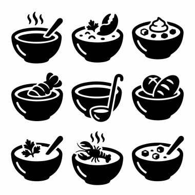 Deniz ürünleri çorbası, krema çorbası ve sebze çorbası da dahil olmak üzere farklı çorba türlerini temsil eden dokuz basit siyah beyaz ikon koleksiyonu..