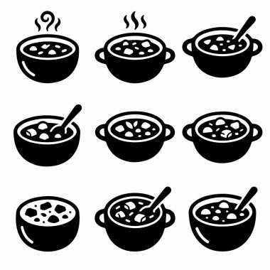 Çeşitli kase sıcak çorba, yahni ya da yulaf lapası içeren dokuz minimalist kabartma ikonu. Farklı kase stillerini içerir, bazıları kaşık ve buharlı, beyaz arka planda izole edilmiş..