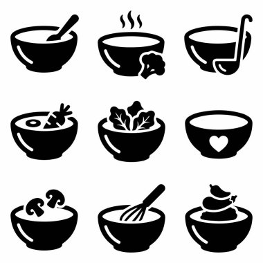 Çorba, salata, karıştırma kaseleri, kaşıklar, kepçeler ve beyaz bir zemin üzerinde çırpma kabı gibi çeşitli yemek kaselerini tasvir eden dokuz basit vektör ikonundan oluşan bir koleksiyon..