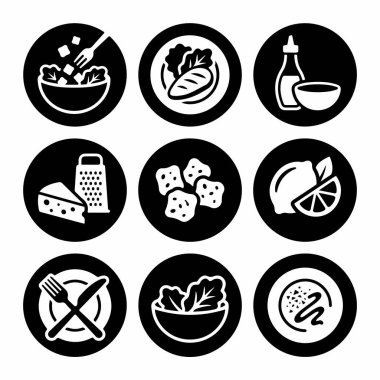 Marul, tavuk, parmesan peyniri, kızarmış ekmek, limon ve sos da dahil olmak üzere salata yapmak için siyah ve beyaz renkte dokuz dairesel sembol..