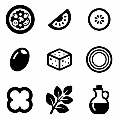 Salata, domates, salatalık, zeytin, peynir, dolmalık biber, şifalı otlar ve zeytinyağı da dahil olmak üzere yemek ve yemek pişirme için dokuz basit simge..