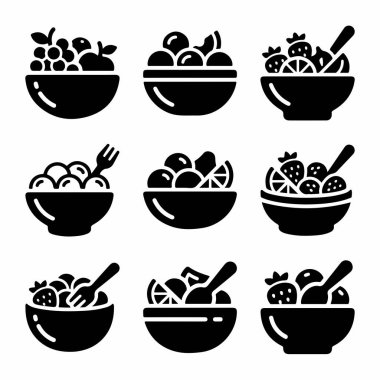 Kaselerde çeşitli meyve salatalarını gösteren dokuz siyah ve beyaz sembol koleksiyonu. Sağlıklı yiyecek, tatlı ya da kahvaltı kavramları için basit vektör çizimleri.