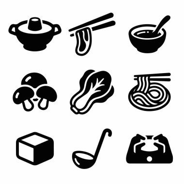 Çin yemeği, erişte, tofu, mantar ve soba da dahil olmak üzere Asya yahnisi veya shabu shabu unsurlarını temsil eden dokuz basit siyah ve beyaz vektör ikonu koleksiyonu..