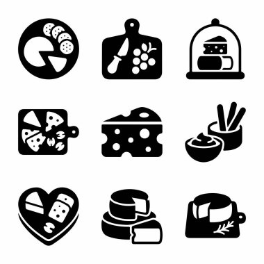 Çeşitli peynir türlerini, peynir tahtalarını, aperatifleri ve süt ürünlerini temsil eden dokuz siyah simge koleksiyonu. İsviçre peyniri, tekerlek ve servis tabakları içerir.