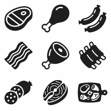 Biftek, tavuk bacağı, sosis, pastırma, jambon, kaburga, salam ve balık da dahil olmak üzere çeşitli et türlerini temsil eden basit bir simge koleksiyonu..