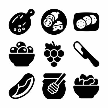 Peynir, et, üzüm, zeytin, fındık ve bal gibi meze ve şarküteri elementlerini temsil eden dokuz siyah beyaz simge koleksiyonu..