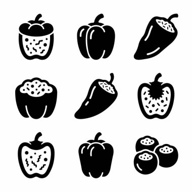 Çeşitli biberleri tasvir eden dokuz basit siyah kabartma simge koleksiyonu. Tüm dolmalık biberler, dilimlenmiş biberler, tohumları gösteren biberler ve temiz bir vektör tarzında kırmızı biberler içerir..