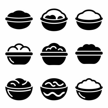 Dokuz farklı kase yiyecek içeren çok yönlü bir ikon paketi. Temiz, minimalist siluet tasarımında sunulmuştur, web, uygulama ve grafik tasarım projeleri için mükemmeldir..