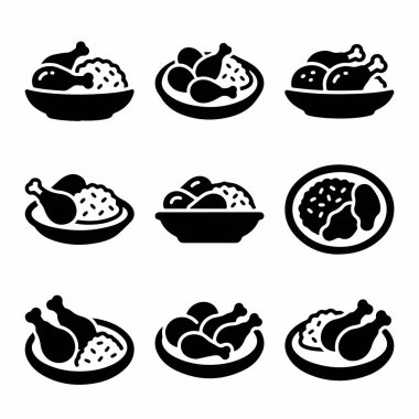 Tabaklarda ve kaselerde pilav ile servis edilen tavuk budu çubuklarını tasvir eden dokuz basit siyah sembol. Yemek menüleri, uygulamalar ve mutfak tasarımı için izole vektör grafiği.