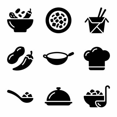Çin gıda elementlerini temsil eden dokuz katı siyah vektör ikonundan oluşan bir koleksiyon. Tava, paket servis kutusu, kung pao tavuğu, şef şapkası ve çeşitli yemek malzemeleri..