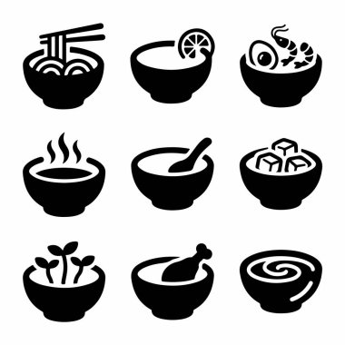 Erişte, çorba, karides, tofu ve tavuk gibi farklı yemekleri temsil eden dokuz basit siyah sembol. Gıda kavramları için izole vektör grafik elementleri.