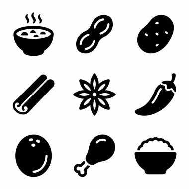 Çorba, fıstık, patates, tarçın, yıldız anason, kırmızı biber, hindistan cevizi, tavuk budu ve bir kase pirinç içeren dokuz adet siyah ve beyaz yiyecek ikonu. Aşçılık tasarımı için basit kabartma biçimi.