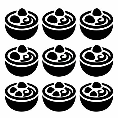 Tıpatıp aynı siyah siluet ikonlarından oluşan bir derleme. Çorba ya da güveç kâselerini gösteriyor. Her simge, beyaz bir arkaplanda izole edilmiş, girdaplı ve yuvarlak şekilli basit bir grafik tasarımı içerir..
