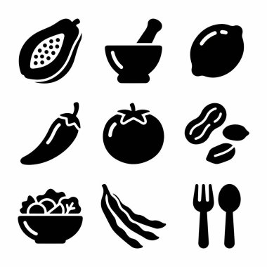 Tayland Som Tum salatası malzemelerini temsil eden dokuz siyah siluet ikonundan oluşan bir koleksiyon, papaya, chili, domates, fıstık, limon, havan topu, tokmak ve çatal bıçak takımı da dahil..