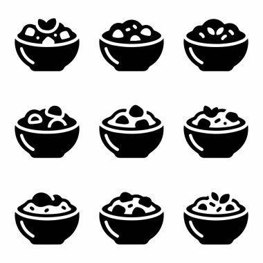 Mısır gevreği, yulaf lapası ya da farklı malzemeli pirinç gibi yiyecek kaselerini gösteren dokuz tane simge. Tasarım için izole vektör grafik ögeleri.