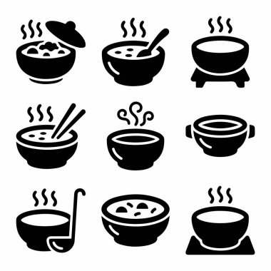 Sıcak çorba kaseleri için vektör ikonu seti. Kaşıklar, yemek çubukları, kepçeler ve kapaklı çeşitli tasarımlar içerir. Menüler ya da uygulamalar için basit siyah beyaz yiyecek sembolleri.