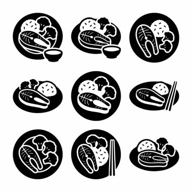 Izgara somon, pirinç ve brokoliden oluşan dengeli bir yemeği gösteren dokuz basit grafik ikonundan oluşan bir koleksiyon. Set temiz, tek renkli bir vektör biçiminde sunulmaktadır..