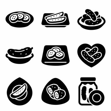 Bir kavanozun içinde dilimlenmiş, dilimlenmiş, çeşitli turşu türlerini gösteren siyah beyaz simgelerden oluşan basit bir koleksiyon. Yemek, sebze ve baharatla ilgili tasarımlar için mükemmel..