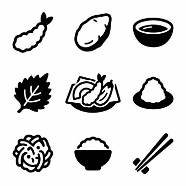 Japon tempura ve malzemelerini temsil eden siyah ve beyaz simgelerden oluşan bir koleksiyon. Karides, tatlı patates, şiso yaprağı, pirinç ve sos..