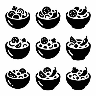 Çeşitli salata ve salsa çeşitlerini gösteren dokuz basit vektör sembolü seti. Simgelerde domates, limon, acı biber ve bitki gibi malzemeler yer alıyor..