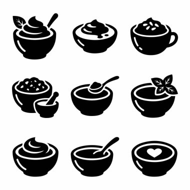 Dokuz basit siyah-beyaz vektör ikonundan oluşan bir derleme bebek mamaları, lapa sosları, kaşıklar ve süslemelerle sağlıklı yemekler de dahil olmak üzere çeşitli yemek kaselerini gösteriyor.