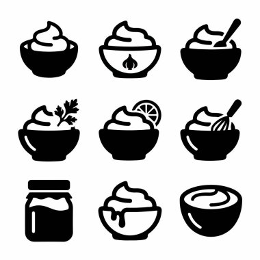 Farklı sosları, sosları, kremaları, bir kavanozu ve sarımsak, limon ve şifalı bitkileri temsil eden dokuz basit siyah ikondan oluşan bir set..