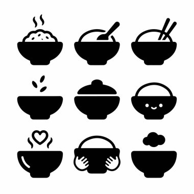 Pirinç kaselerini tasvir eden izole edilmiş siyah vektör simgeleri. Buhar, çatal bıçak ve Asya mutfağı ve yemek kavramları için sevimli kawai ifadeleri gibi çeşitli elementler içerir..