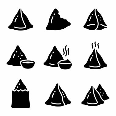 Popüler Hint yemekleri olan samosaları temsil eden izole edilmiş vektör simgelerinden oluşan bir derleme. Set, soslu, bütün, ısırılmış, buharlı ve samosa simgelerini içeriyor, menüler veya yemek uygulamaları için mükemmel..