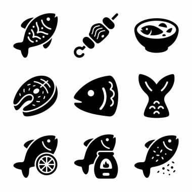 Beyaz bir zemin üzerinde izole edilmiş dokuz siyah siluet ikonu, tam balık, hazır yemekler, kesikler ve pazar öğeleri de dahil olmak üzere çeşitli balık ve deniz ürünleri temalarını tasvir eder..