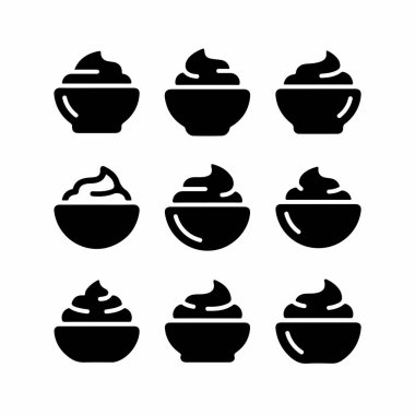 İçinde bir tutam krema, sos ya da yoğurt bulunan dokuz basit siyah beyaz ikon koleksiyonu. Minimalist vektör grafik tasarım elementleri.