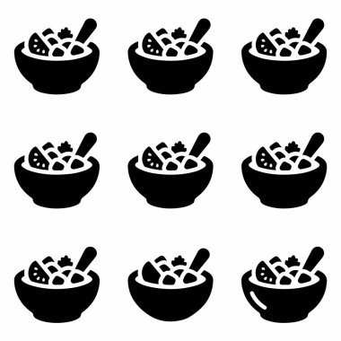 Bir kase yiyecek, muhtemelen taze salata ya da kaşıkla tıka basa çorba gösteren dokuz ikonluk grafik seti. Basit siyah ve beyaz tasarım web ya da uygulama arayüzleri için mükemmeldir.